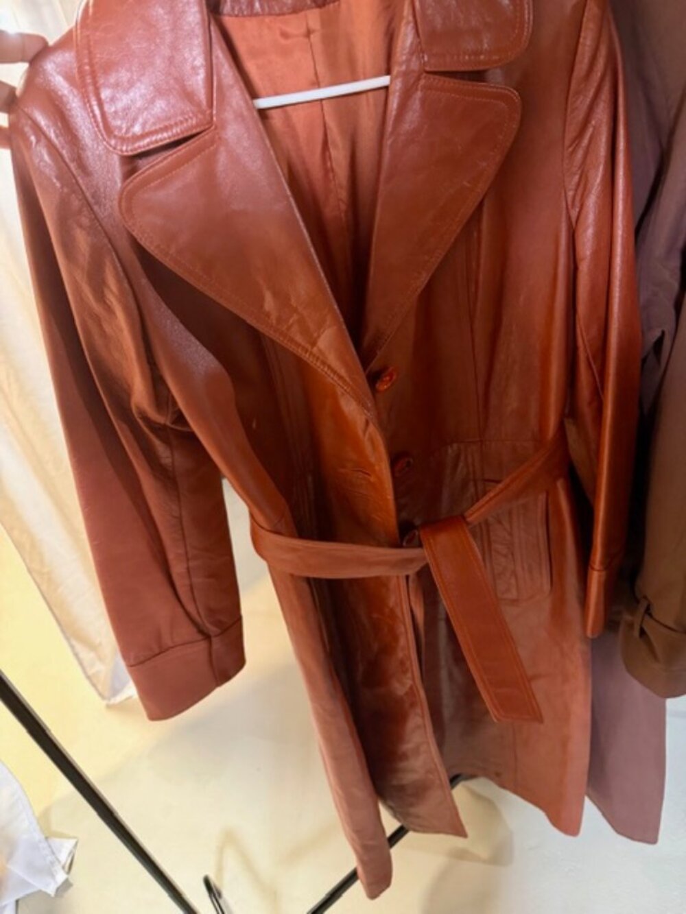 Vintage Leather Camel Trench Coat - US Large (SIZE 13) - Picture 2 of 7